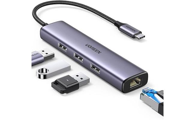 UGREEN USB-C to Ethernet Adapter, 4 in 1 Multiport Hub with Gigabit RJ45